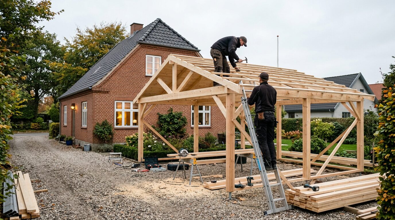 Ny carport i træ under opførelse ved et dansk parcelhus