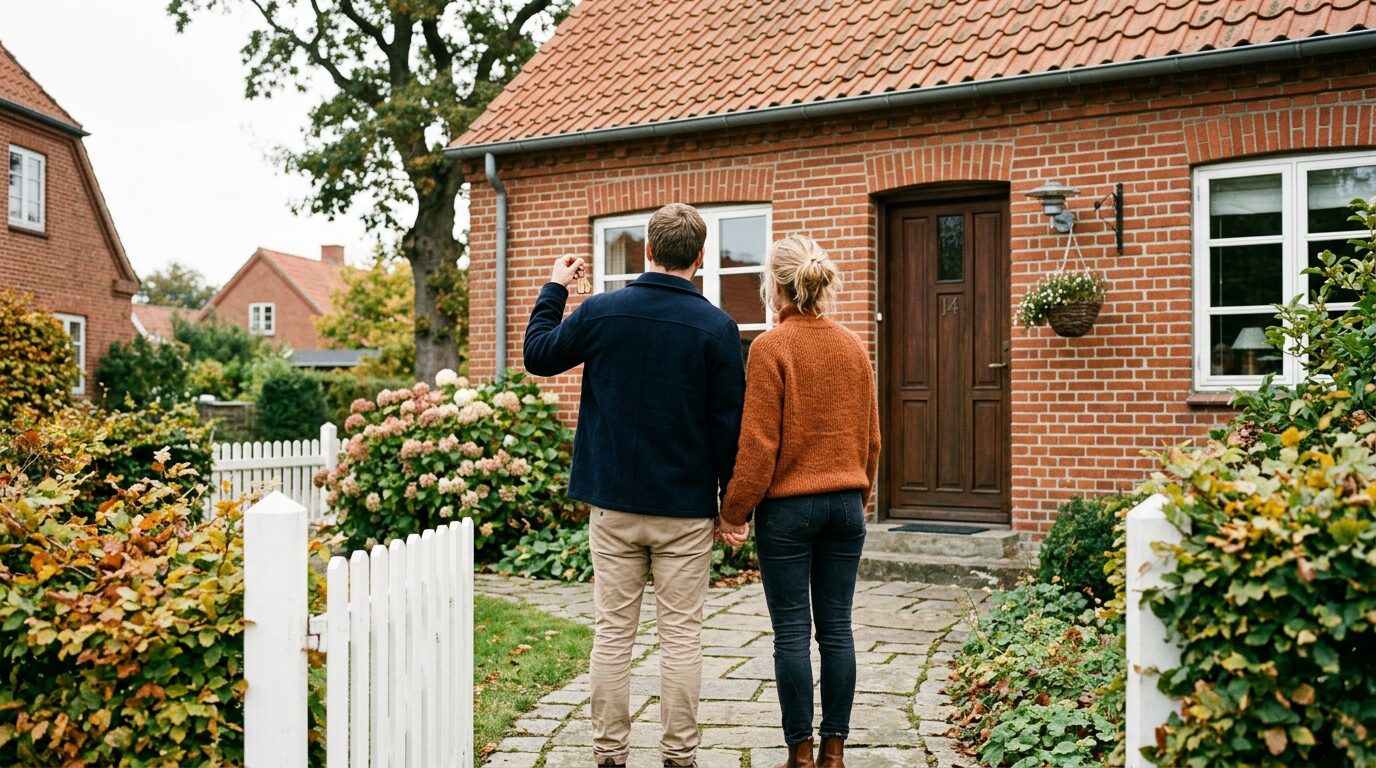 Par med nye nøgler foran et dansk hus