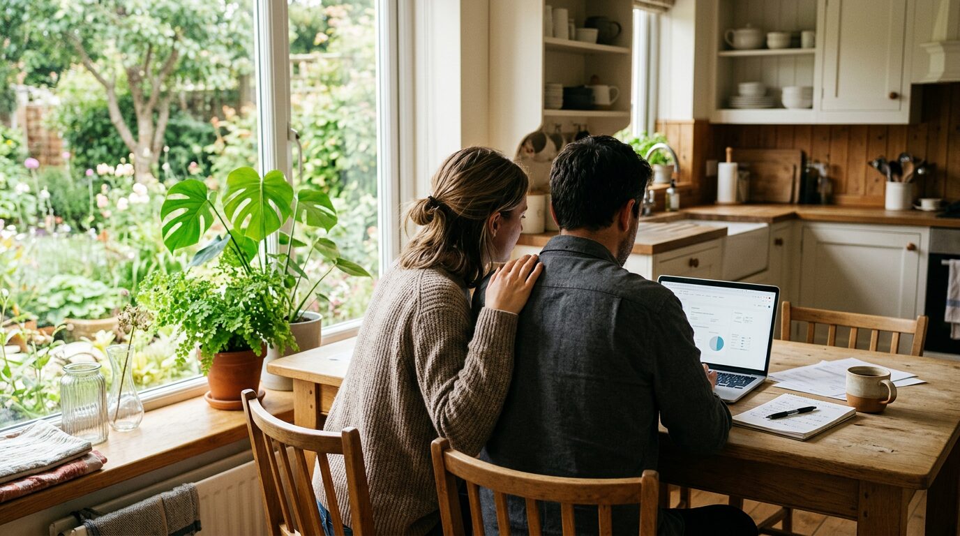 Par ved køkkenbordet, der kigger på en ansøgning på computeren